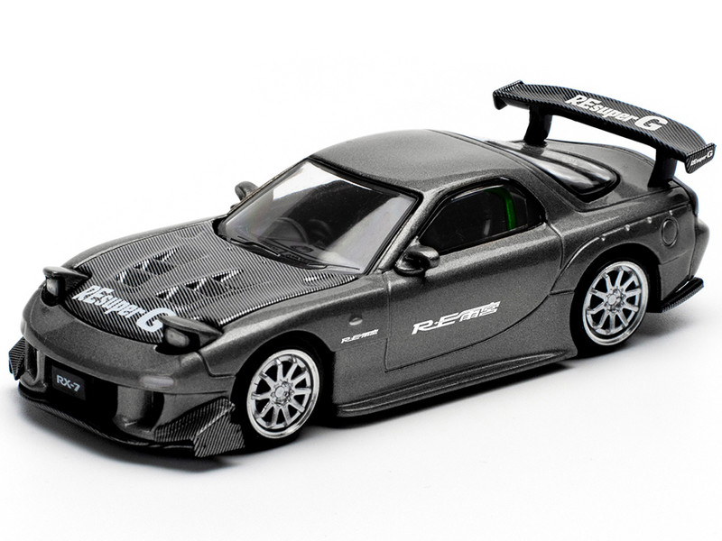 Mazda RX7 FD RE Amemiya Widebody RHD Right Hand Drive Gunmetal Gray Metallic with Carbon Hood 1/64 Diecast Model Car Pop Race PR640255