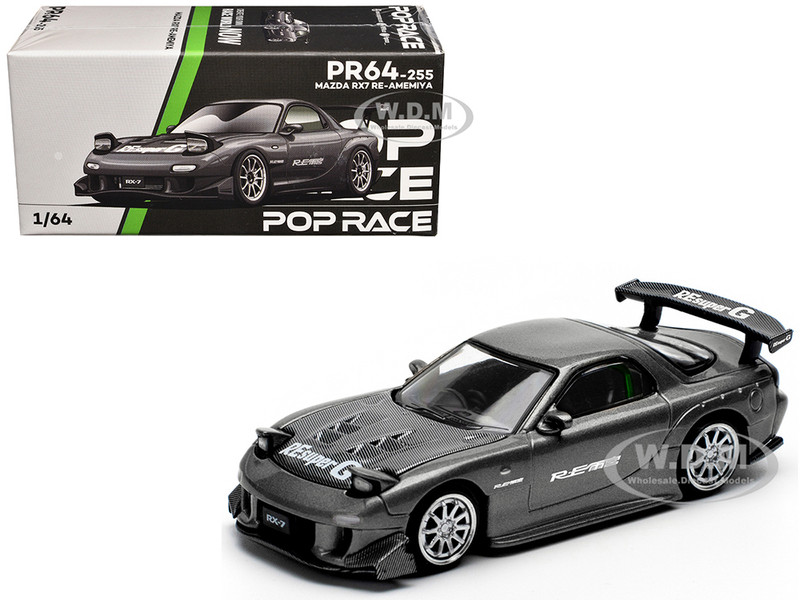 Mazda RX7 FD RE Amemiya Widebody RHD Right Hand Drive Gunmetal Gray Metallic with Carbon Hood 1/64 Diecast Model Car Pop Race PR640255