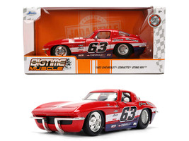 1963 Chevrolet Corvette Stingray #63 Chevy Racing Red with White and Blue Stripes Bigtime Muscle Series 1/24 Diecast Model Car Jada 36594