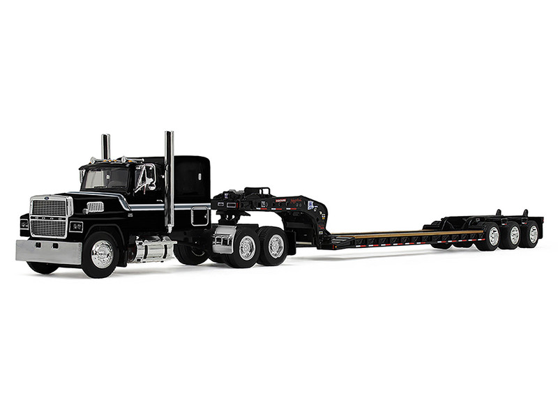 Ford LTL 9000 with 60 Flat Top Sleeper and Fontaine Magnitude Tri Axle Lowboy Trailer Black 1/64 Diecast Model DCP/First Gear 60-2102