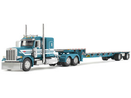 Peterbilt 379 with 48 Flat Top Sleeper and Transcraft Step Deck Trailer Teal with White Stripes 1/64 Diecast Model DCP/First Gear 60-2127