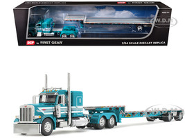 Peterbilt 379 with 48 Flat Top Sleeper and Transcraft Step Deck Trailer Teal with White Stripes 1/64 Diecast Model DCP/First Gear 60-2127