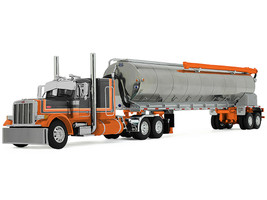 Peterbilt 379 with 48 Flat Top Sleeper and Walinga Bulk Feed Trailer Orange and Black with Stripes 1/64 Diecast Model DCP/First Gear 60-2128