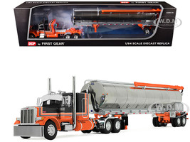 Peterbilt 379 with 48 Flat Top Sleeper and Walinga Bulk Feed Trailer Orange and Black with Stripes 1/64 Diecast Model DCP/First Gear 60-2128