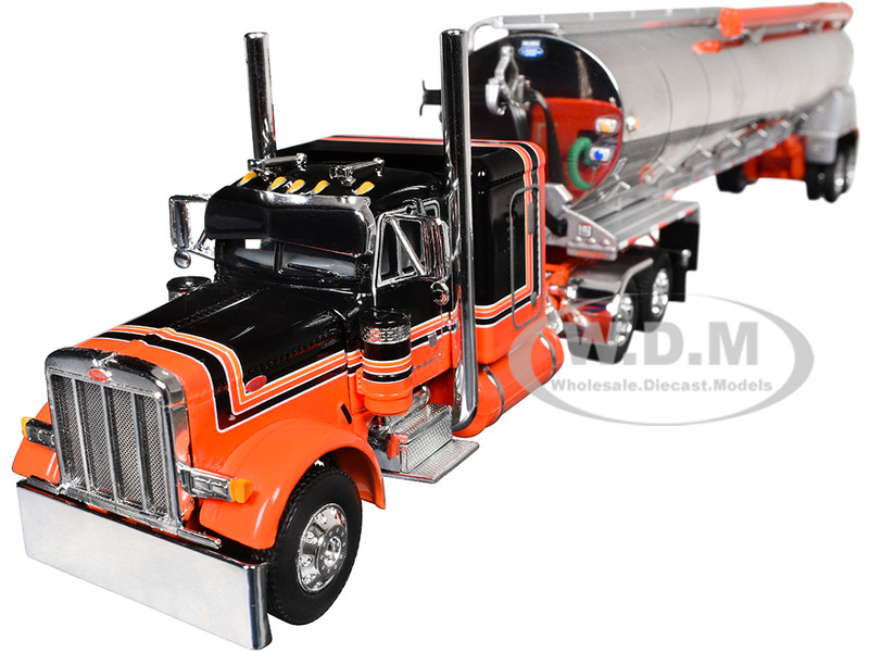 Peterbilt 379 with 48 Flat Top Sleeper and Walinga Bulk Feed Trailer Orange and Black with Stripes 1/64 Diecast Model DCP/First Gear 60-2128