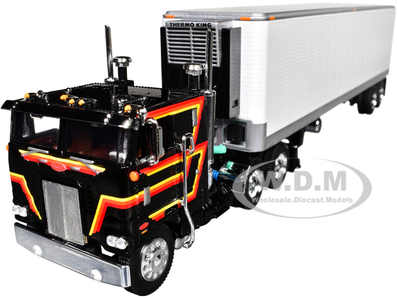 Peterbilt 352 COE 86 Sleeper and 40' Vintage Trailer with Reefer Black with Stripes 1/64 Diecast Model DCP/First Gear 60-2156