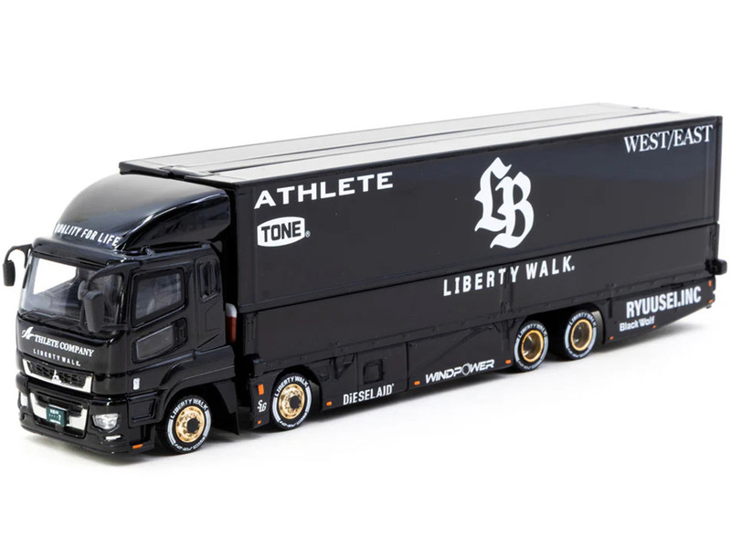 Mitsubishi Fuso Super Great Truck RHD Right Hand Drive with Transporter Liberty Walk Black Truck64 Series 1/64 Diecast Model Car Tarmac Works T64T-TL001-LBB