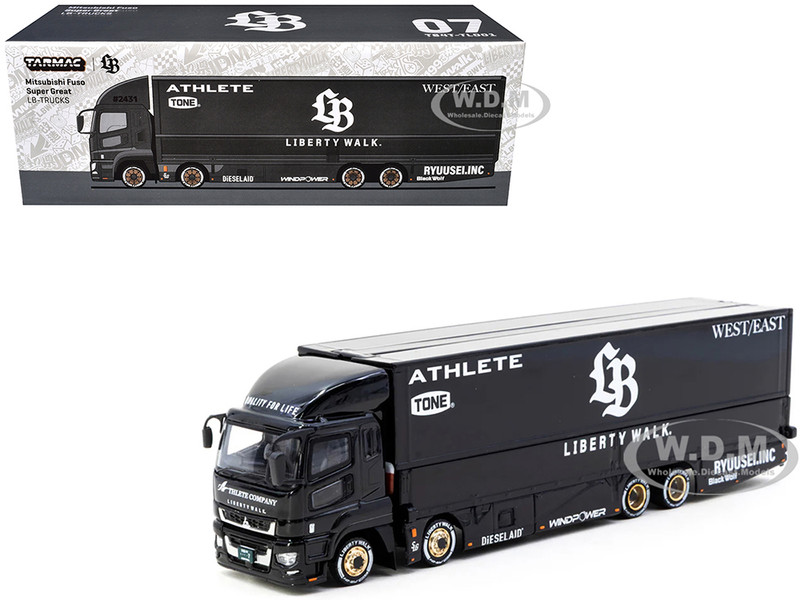 Mitsubishi Fuso Super Great Truck RHD Right Hand Drive with Transporter Liberty Walk Black Truck64 Series 1/64 Diecast Model Car Tarmac Works T64T-TL001-LBB