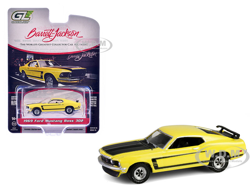 1969 Ford Mustang Boss 302 Bright Yellow with Black Hood and Stripes Barrett Jackson Series 15 1/64 Diecast Model Car Greenlight 37320B