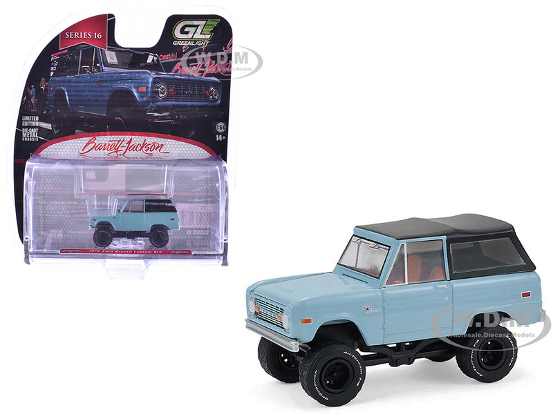 1972 Ford Bronco Custom SUV Light Blue with Black Top Barrett Jackson Series 16 1/64 Diecast Model Car Greenlight 37330F