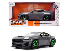 2024 Ford Mustang RTR Gray with Green Wheels Bigtime Muscle Series 1/24 Diecast Model Car Jada 36593