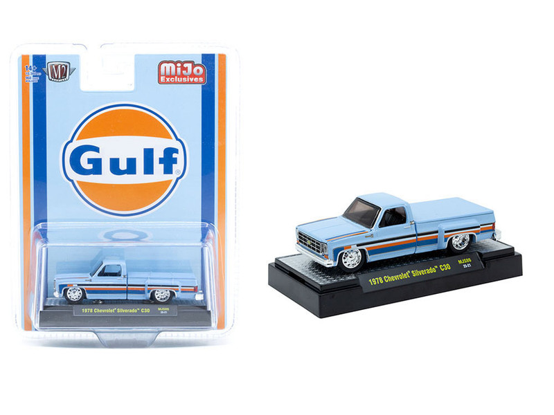 1978 Chevrolet Silverado 30 Pickup Truck Gulf Oil Light Blue with Stripes Limited Edition to 10560 pieces Worldwide 1/64 Diecast Model Car M2 Machines 31500-MJS86