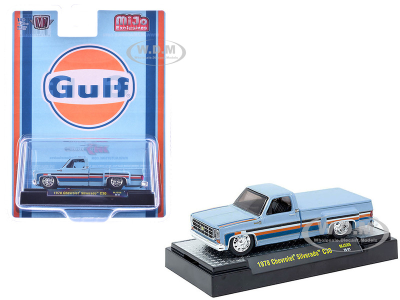 1978 Chevrolet Silverado 30 Pickup Truck Gulf Oil Light Blue with Stripes Limited Edition to 10560 pieces Worldwide 1/64 Diecast Model Car M2 Machines 31500-MJS86