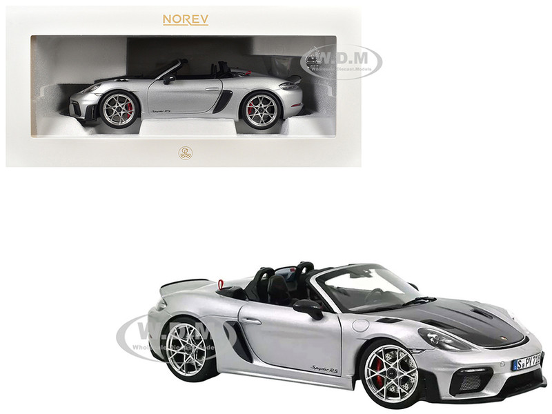 2023 718 Spyder RS Weissach Pack GT Silver Metallic with Carbon Hood 1/18 Diecast Model Car Norev 187270