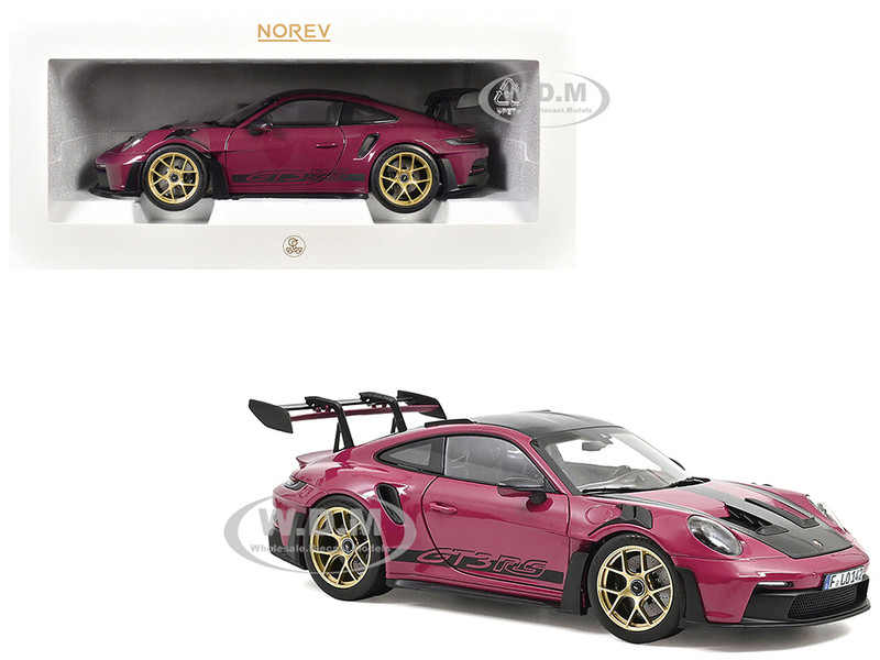 2022 Porsche 911 GT3 RS Weissach Pack Ruby Star Red with Carbon Top and Hood Stripes 1/18 Diecast Model Car Norev 187370