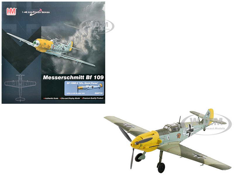 Messerschmitt Bf 109E 3 Fighter Aircraft White 4 Unteroffizier Horst Perez 4 JG 26 1940 German Luftwaffe Air Power Series 1/48 Diecast Model Hobby Master HA8730