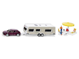 Porsche Macan Turbo Maroon Metallic and Dethleffs Exclusiv Emotion Caravan with Figures and Camp Accessories Set 1/55 Diecast Models Siku SK2542