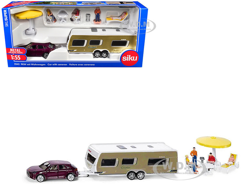 Porsche Macan Turbo Maroon Metallic and Dethleffs Exclusiv Emotion Caravan with Figures and Camp Accessories Set 1/55 Diecast Models Siku SK2542
