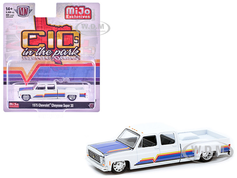 1975 Chevrolet Cheyenne Super 30 Dually Pickup Truck White with Blue Hood and Stripes Limited Edition to 8800 pieces Worldwide 1/64 Diecast Model Car M2 Machines 39000-MJS08