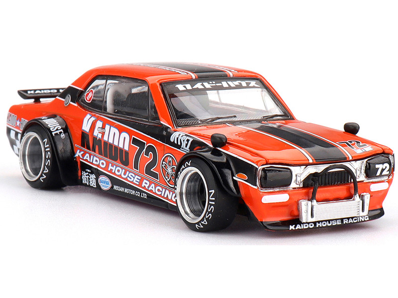 Nissan Skyline 2000GT R KPGC10 RHD Right Hand Drive #72 Kaido Racing V1 Orange with Black Stripes and Graphics Designed by Jun Imai Kaido House Special 1/64 Diecast Model Car Mini GT KHMG195