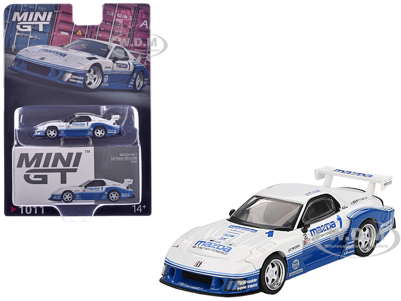 Mazda RX 7 LB-Super Silhouette RHD Right Hand Drive IMSA White and Blue Limited Edition 1/64 Diecast Model Car Mini GT MGT01011
