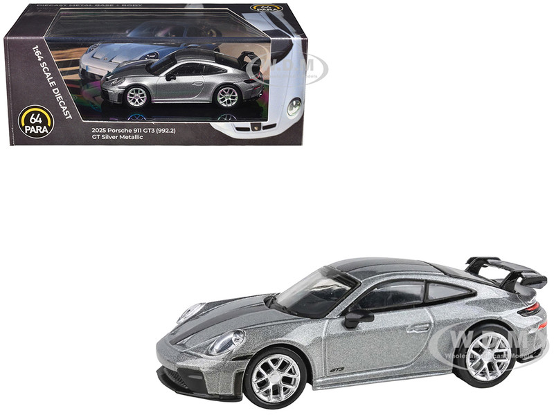 2025 Porsche 911 GT3 992 2 GT Silver Metallic with Carbon Stripe 1/64 Diecast Model Car Paragon Models PA-55872