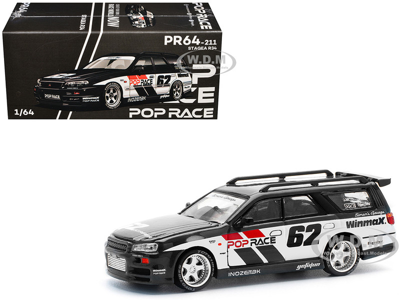 GT R Stagea RHD Right Hand Drive #62 Simon s Garage Black with White Sides 1/64 Diecast Model Car Pop Race PR640211