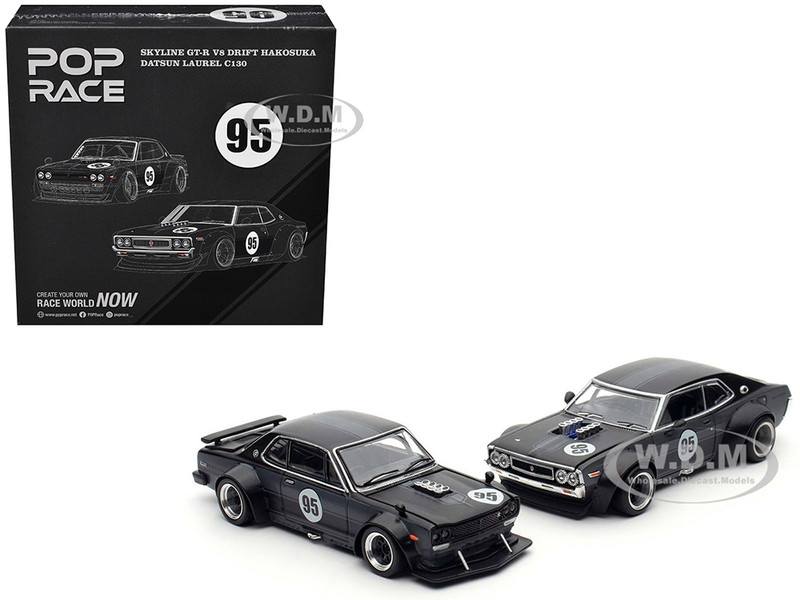 Skyline GT R V8 Drift Hakosuka RHD Right Hand Drive #95 Black and Datsun Laurel C130 RHD Right Hand Drive Black 2 Car Box Set Hong Kong Toycar Salon 2025 1/64 Diecast Model Car Pop Race PR640351-0352