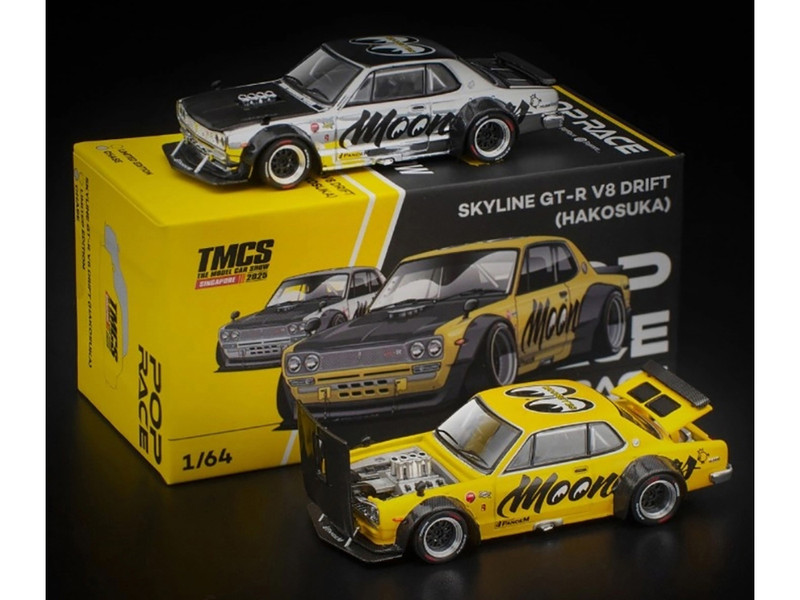 Skyline GT R V8 Drift Hakosuka RHD Right Hand Drive Mooneyes Yellow with Carbon Hood The Model Car Show Singapore 2025 1/64 Diecast Model Car Pop Race PR640296-0297