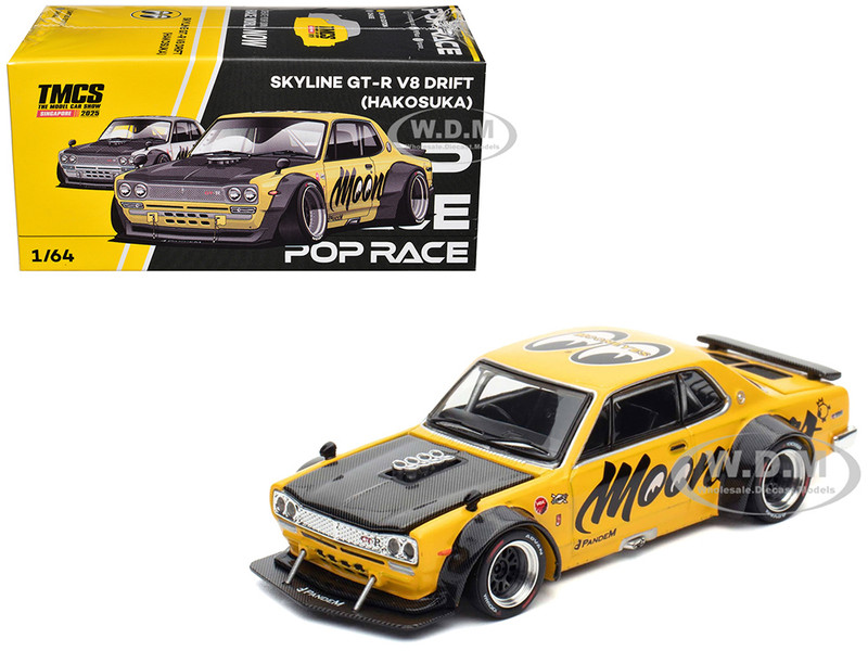 Skyline GT R V8 Drift Hakosuka RHD Right Hand Drive Mooneyes Yellow with Carbon Hood The Model Car Show Singapore 2025 1/64 Diecast Model Car Pop Race PR640296-0297