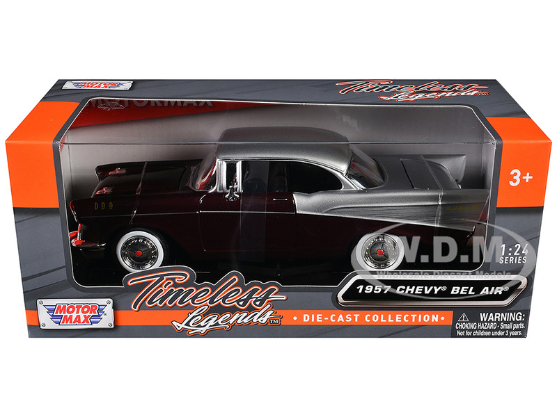 1957 Chevrolet Bel Air Burgundy Metallic and Silver Metallic Timeless Legends Series 1/24 Diecast Model Car Motormax 73228BUR