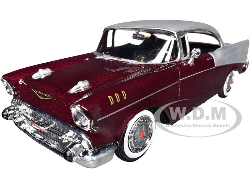 1957 Chevrolet Bel Air Burgundy Metallic and Silver Metallic Timeless Legends Series 1/24 Diecast Model Car Motormax 73228BUR