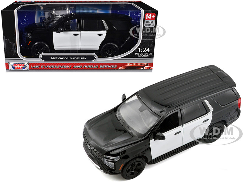 2025 Chevrolet Tahoe PPV Black and White Custom Builder s Kit Law Enforcement and Public Service Series 1/24 Diecast Model Car Motormax 76816BKW