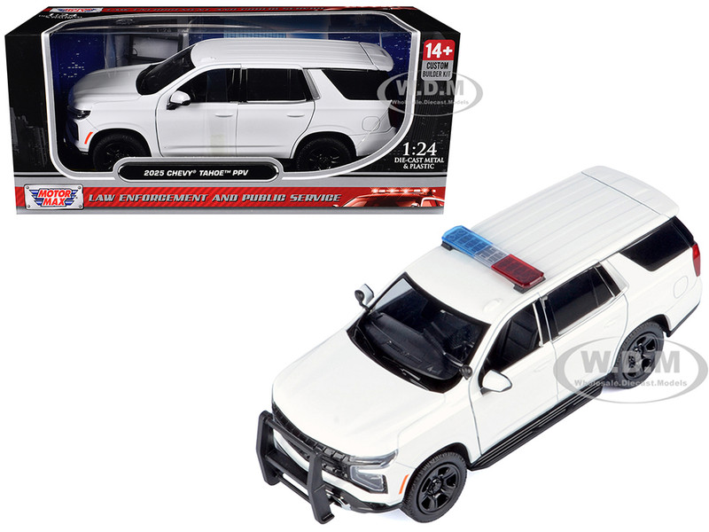 2025 Chevrolet Tahoe PPV White Custom Builder's Kit Law Enforcement and Public Service Series 1/24 Diecast Model Car Motormax 76816W