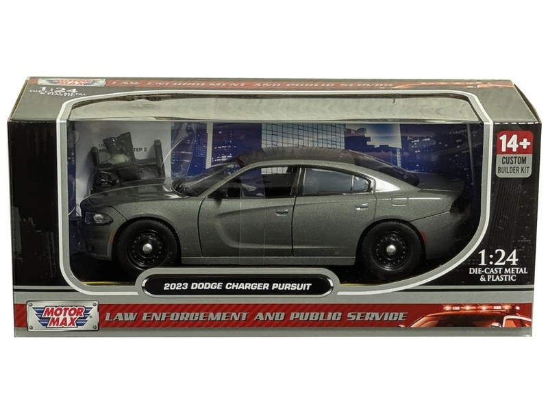 2023 Dodge Charger Pursuit Police Car Gray Metallic Custom Builder's Kit Law Enforcement and Public Service Series 1/24 Diecast Model Car Motormax 76996GRY