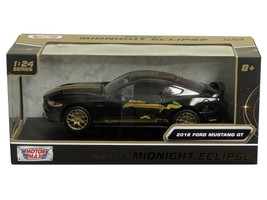 2018 Ford Mustang GT 5 0 Black with Gold Stripes and Graphics Midnight Eclipse Series 1/24 Diecast Model Car Motormax 79204