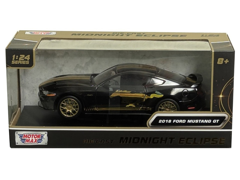 2018 Ford Mustang GT 5 0 Black with Gold Stripes and Graphics Midnight Eclipse Series 1/24 Diecast Model Car Motormax 79204
