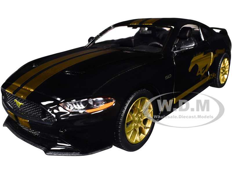 2018 Ford Mustang GT 5 0 Black with Gold Stripes and Graphics Midnight Eclipse Series 1/24 Diecast Model Car Motormax 79204