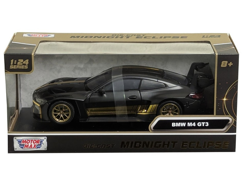 BMW M4 GT3 Matt Black with Gold Stripes Midnight Eclipse Series 1/24 Diecast Model Car Motormax 79206BK