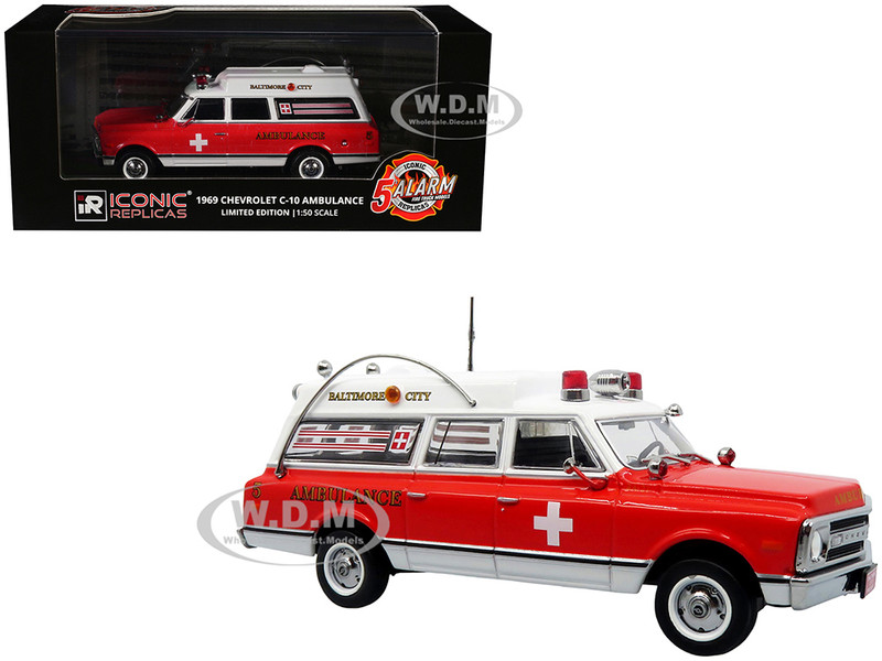 1969 Chevrolet C 10 Ambulance Baltimore City Fire Department White and Red 5 Alarm Series Limited Edition 1/50 Diecast Model Iconic Replicas 50-0550