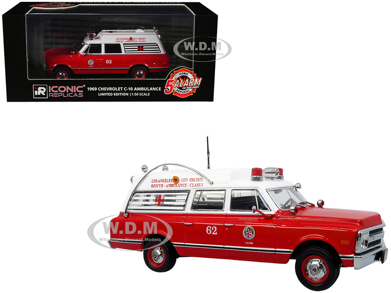 1969 Chevrolet C 10 Ambulance Los Angeles City Fire Department Red and White 5 Alarm Series Limited Edition 1/50 Diecast Model Iconic Replicas 50-0586