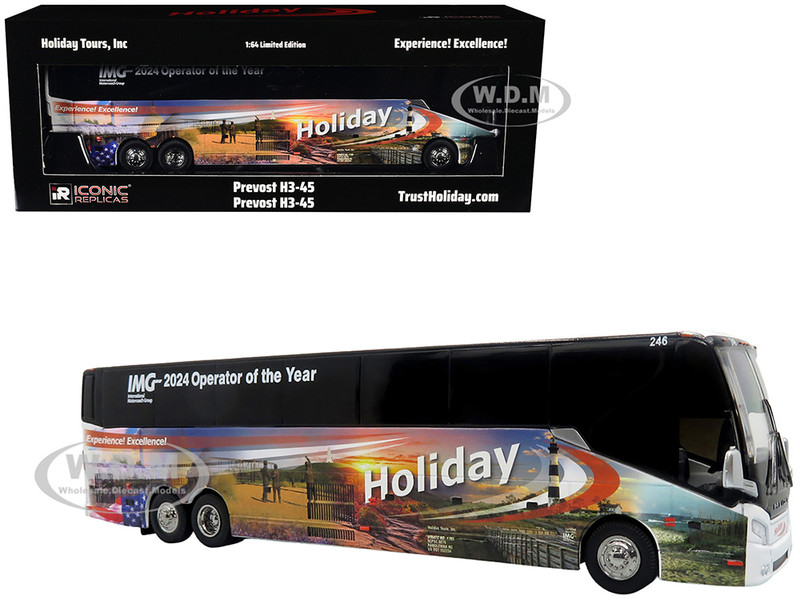 Prevost H3-45 Coach Bus Holiday Tours 2024 IMG Operator of the Year White with Graphics Limited Edition 1/64 Diecast Model Iconic Replicas 64-0615