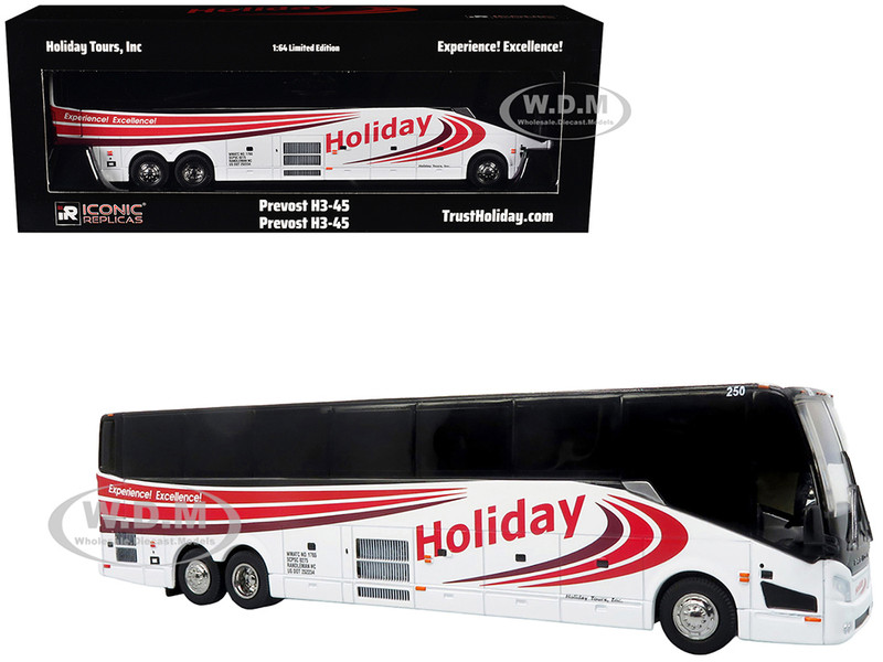 Prevost H3 45 Coach Bus Holiday Tours White with Red Graphics Limited Edition 1/64 Diecast Model Iconic Replicas 64-0616