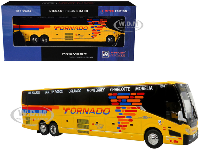 Prevost H3 45 Coach Bus Tornado Bus Company Yellow with Graphics Limited Edition 1/64 Diecast Model Iconic Replicas 87-0612