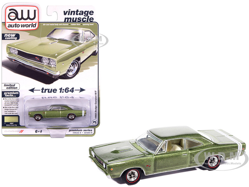 1968 Dodge Coronet R T Medium Green Metallic with White Interior Vintage Muscle Series 1/64 Diecast Model Car Auto World 64512-AWSP194A