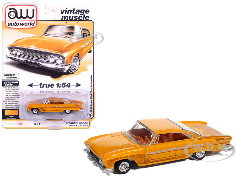 1961 Dodge Dart Phoenix Lowrider Mango Smoothie Metallic with Graphics and Orange Interior Vintage Muscle Series 1/64 Diecast Model Car Auto World 64512-AWSP195A