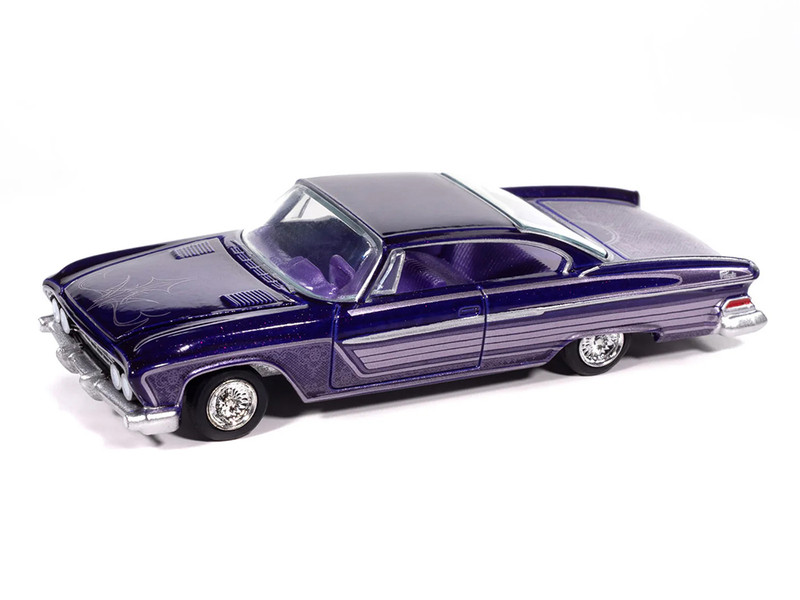 1961 Dodge Dart Phoenix Lowrider Purple Sky Metallic with Graphics and Purple Interior Vintage Muscle Series 1/64 Diecast Model Car Auto World 64512-AWSP195B