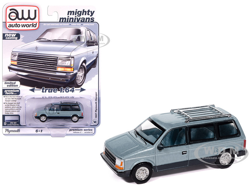 1987 Plymouth Voyager Van Ice Blue Metallic and Twilight Blue Metallic 2 Tone with Blue Interior Mighty Minivans Series 1/64 Diecast Model Car Auto World 64512-AWSP197A