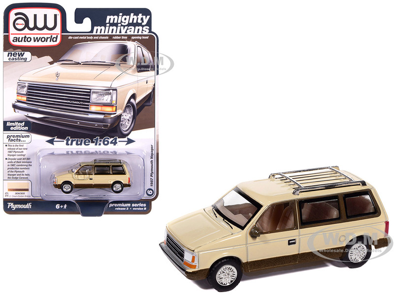 1987 Plymouth Voyager Van Light Cream and Golden Bronze Metallic 2 Tone Mighty Minivans Series 1/64 Diecast Model Car Auto World 64512-AWSP197B