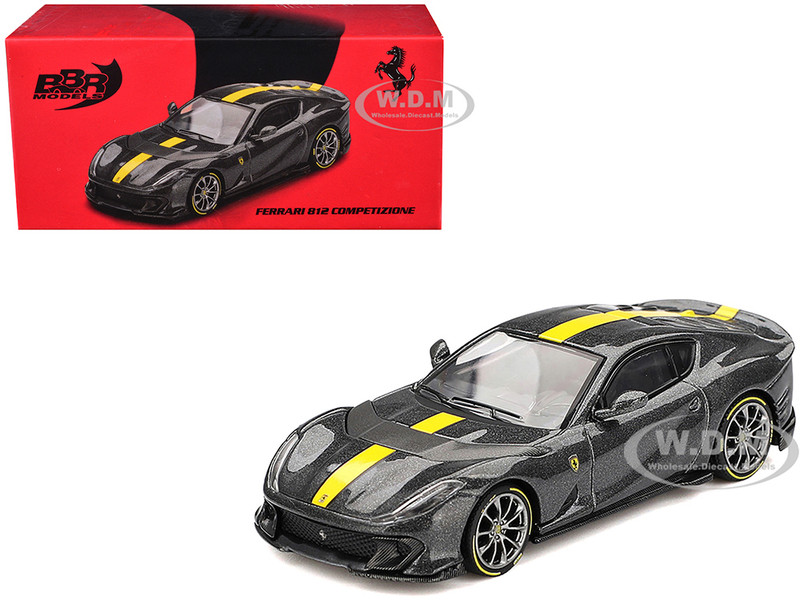 Ferrari 812 Competizione Grigio Competizione Gray Metallic with Yellow Stripe 1/64 Diecast Model Car BBR BBRFER64009